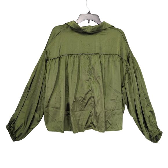 Hyfve Women's M Green Satin Oversized Front Cropped Blouse, Balloon Sleeve Y2K - Picture 3 of 6